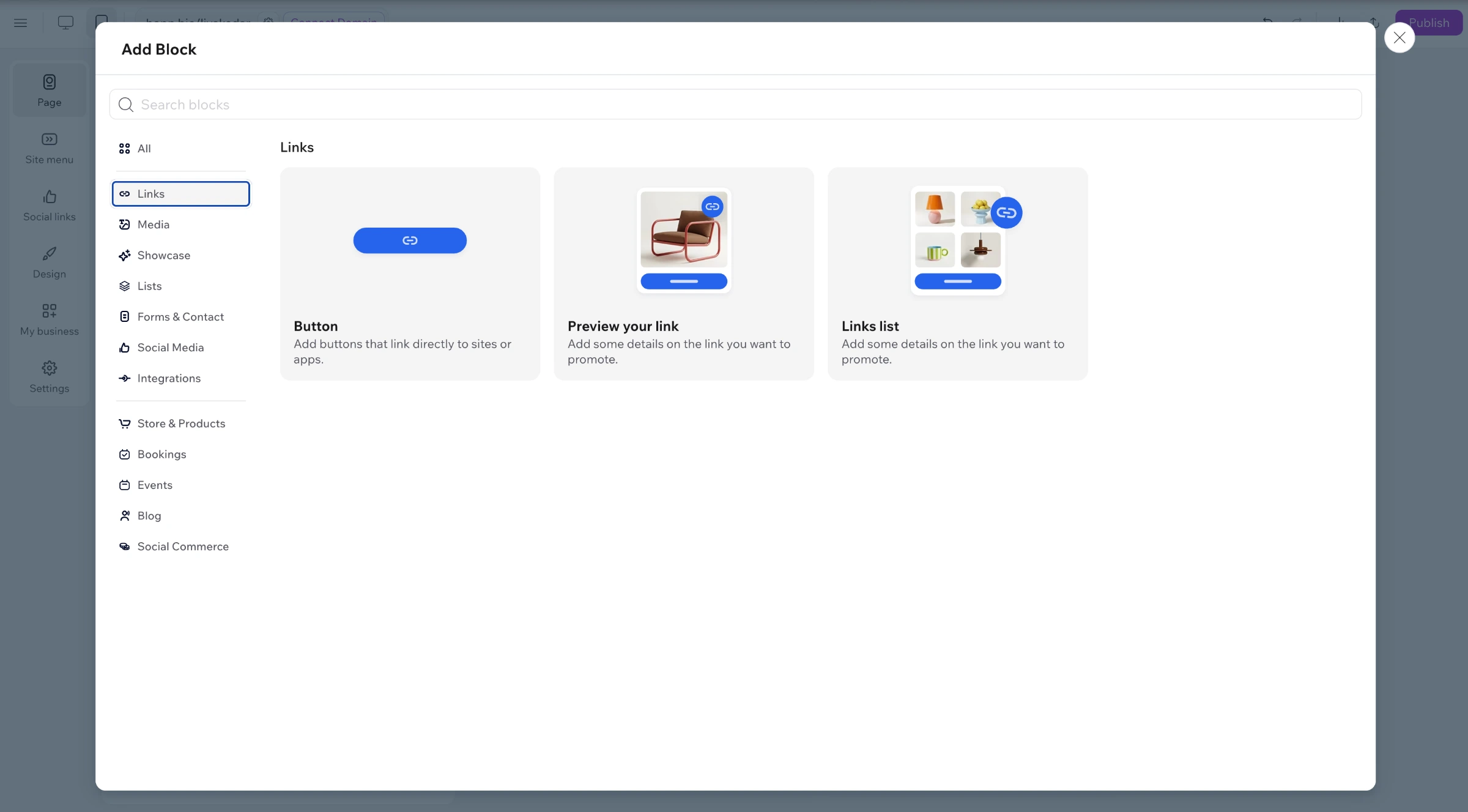 Add Blocks panel - Links