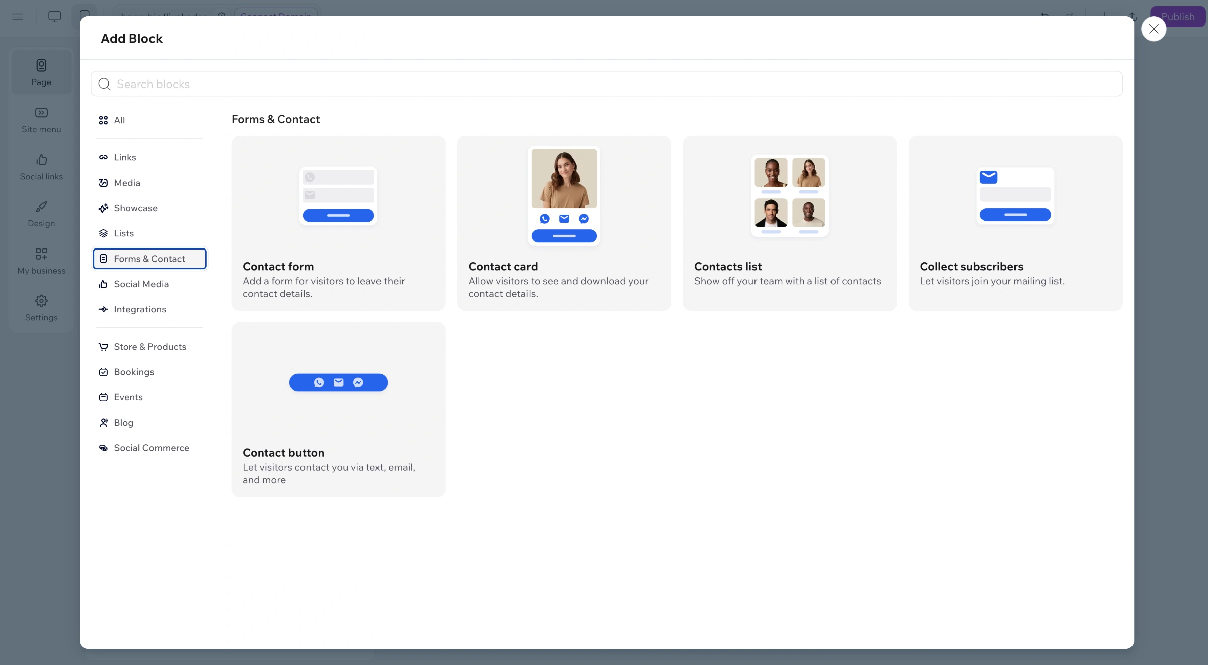 Add Blocks panel - Forms and Contact
