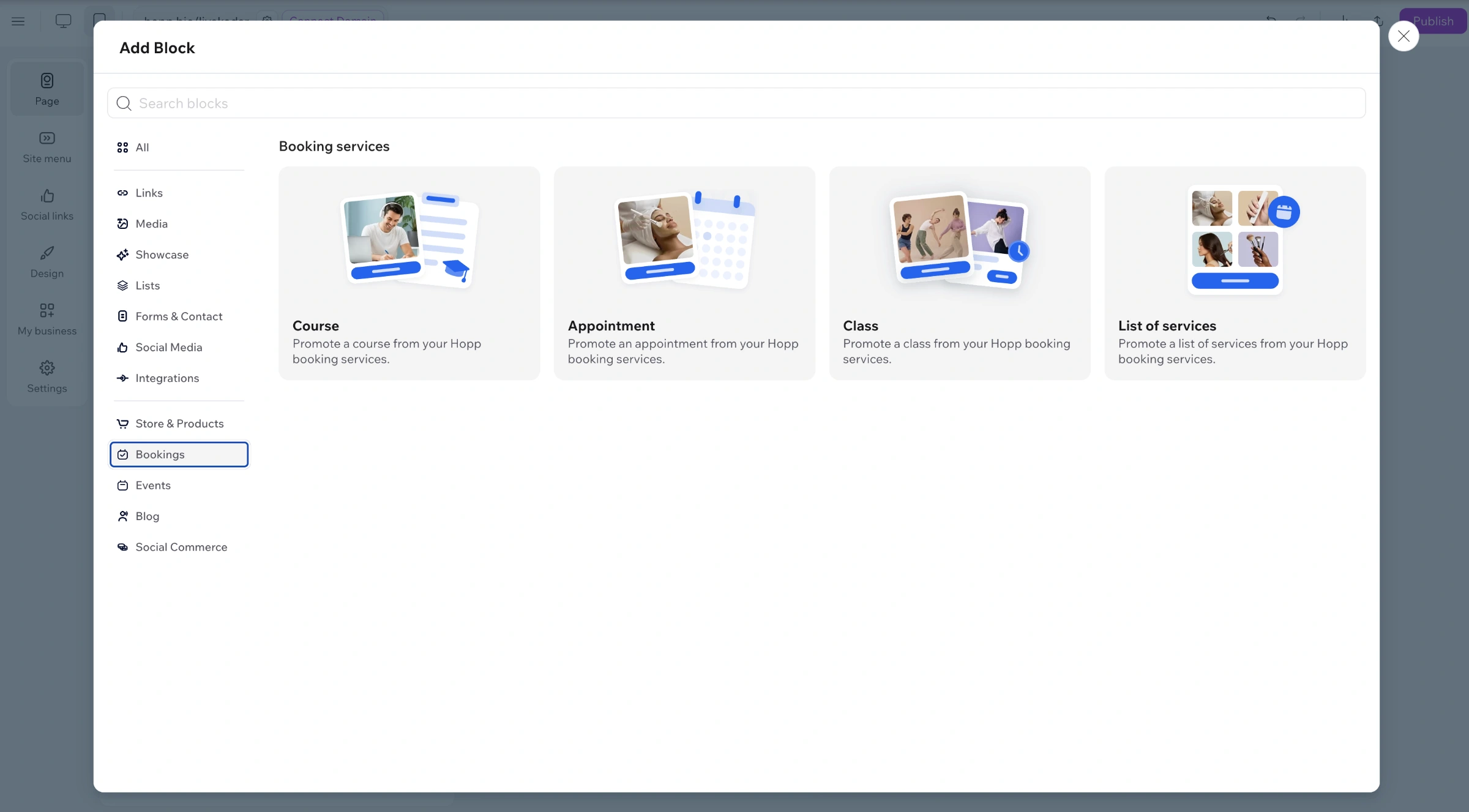 Add Blocks panel - Bookings