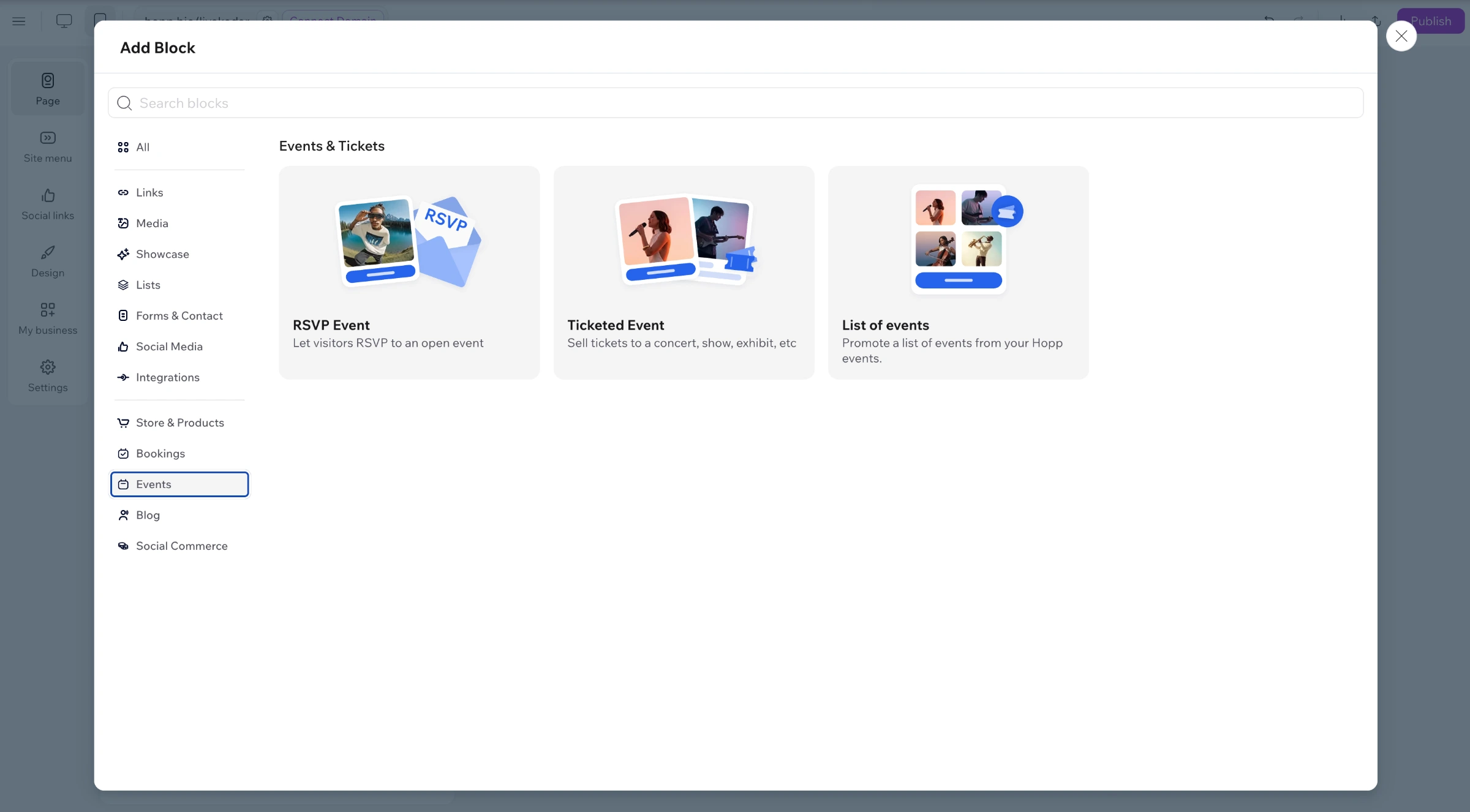 Add Blocks panel - Events and Tickets
