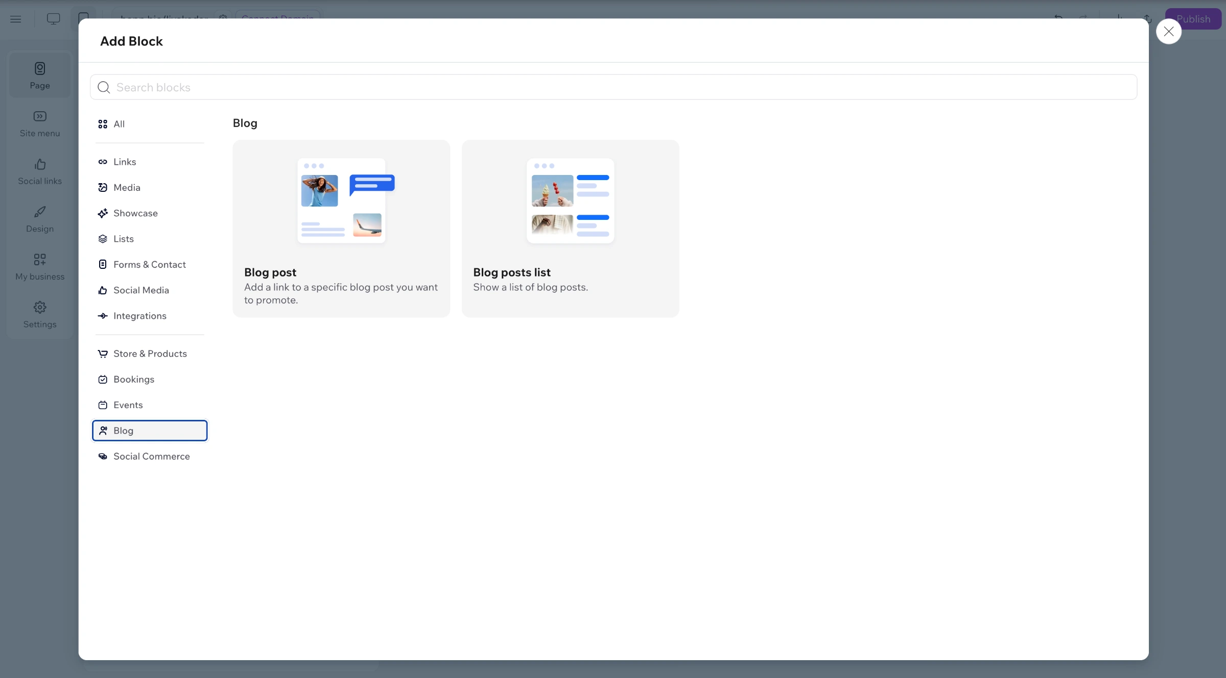 Add Blocks panel - Blog