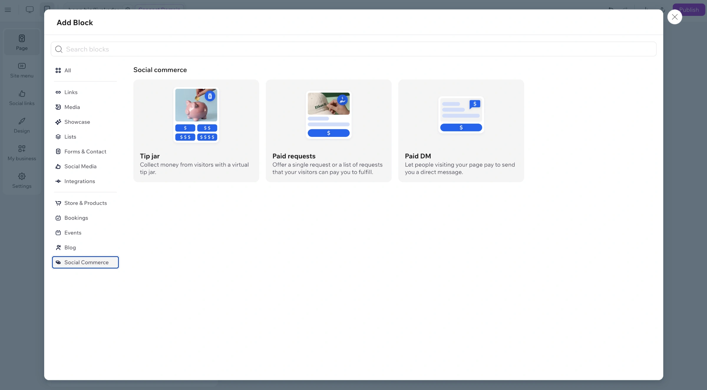 Add Blocks panel - Social commerce