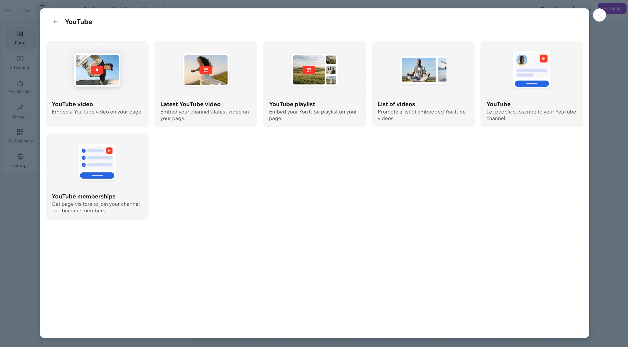 Add Blocks panel - YouTube blocks